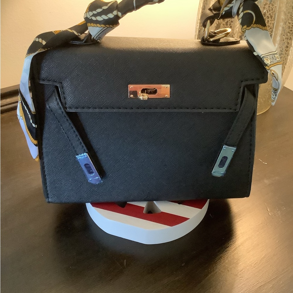 Elegant Black Handbag with Scarf Accent Mini Black Kelly Crossbody